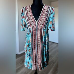 Angie Boho Blue and Red Patterned Mini Dress